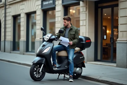 Jeune homme avec scooter devant une agence d'assurance