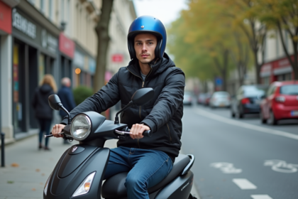 Jeune homme en scooter urbain avec casque bleu