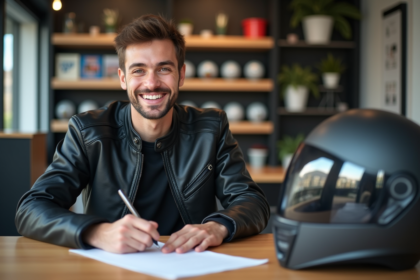 Jeune homme souriant signant un document dans une école de conduite