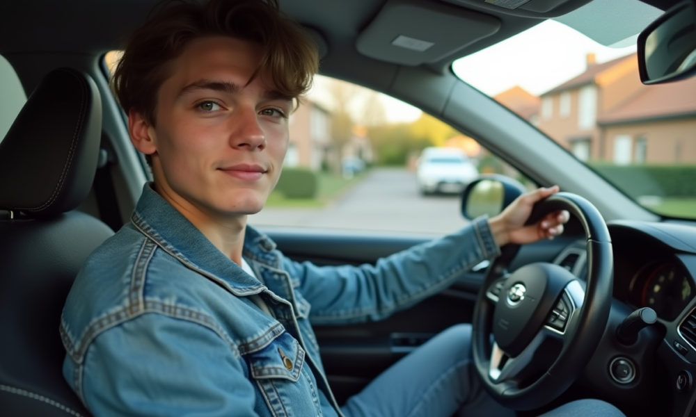 Jeune homme au volant d'une voiture en banlieue française