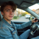 Jeune homme au volant d'une voiture en banlieue française