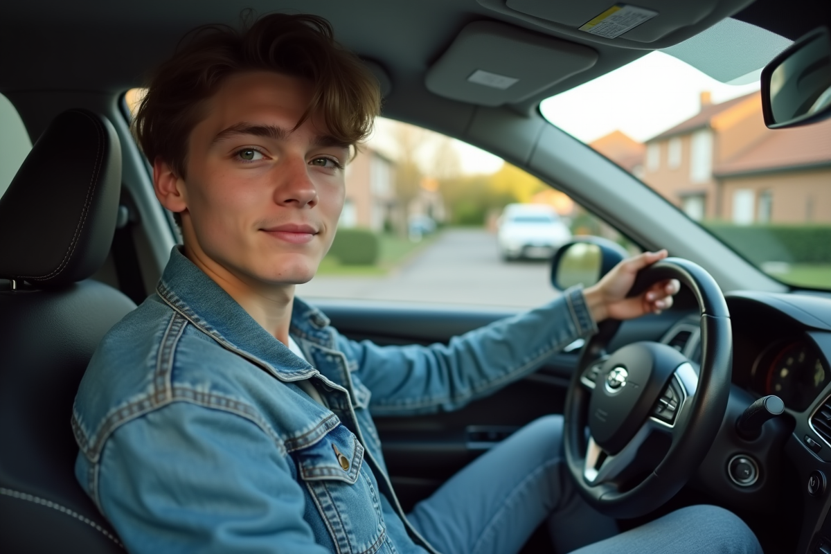 Jeune homme au volant d'une voiture en banlieue française