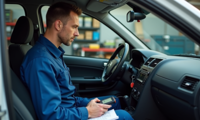 Mécanicien homme en overalls bleus examine un scanner auto dans une garage