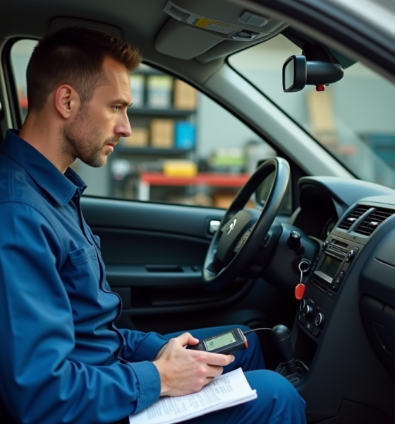 Mécanicien homme en overalls bleus examine un scanner auto dans une garage