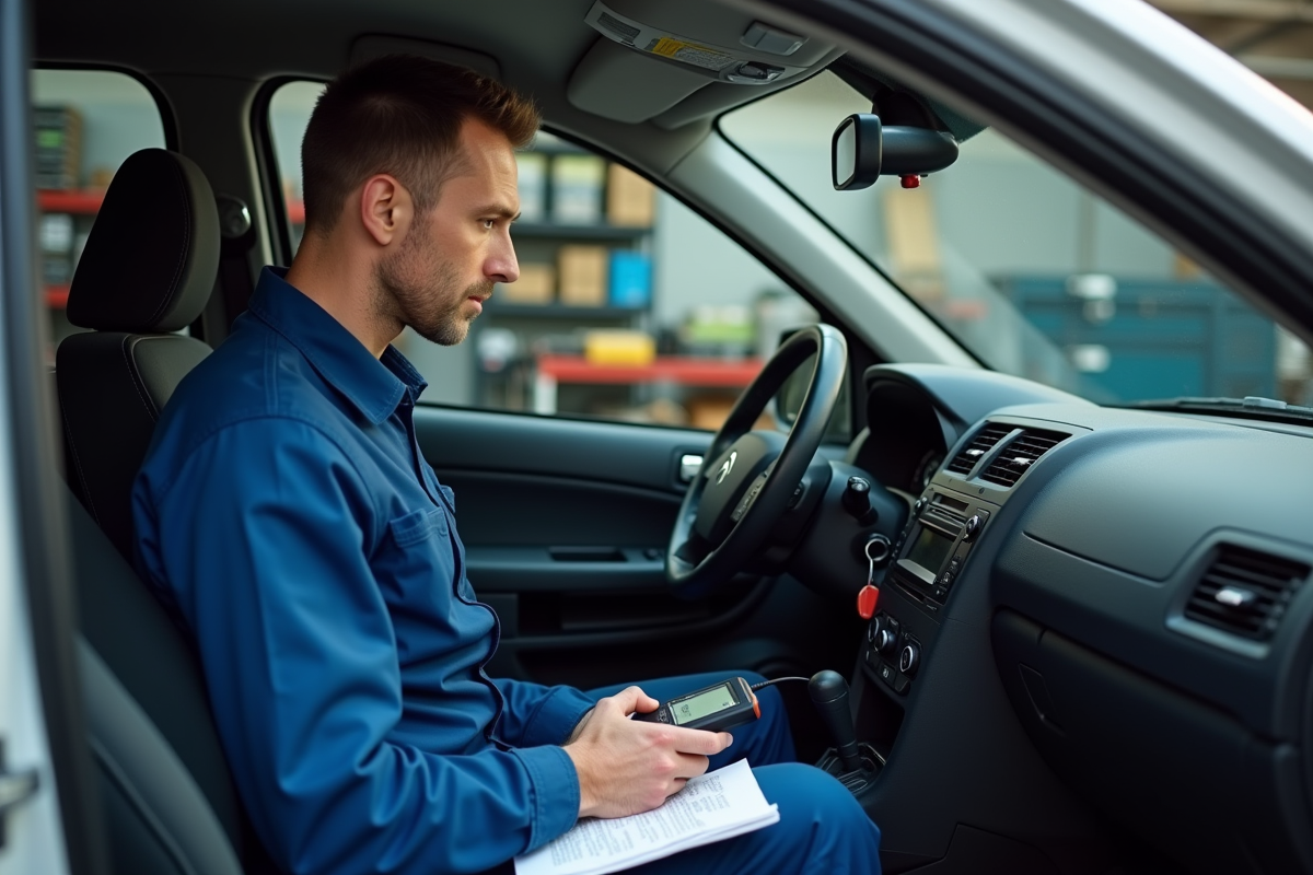 Mécanicien homme en overalls bleus examine un scanner auto dans une garage