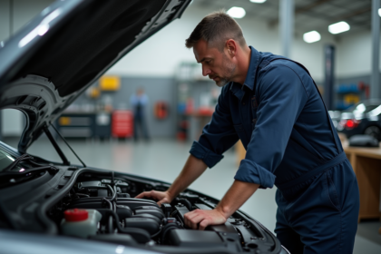 Mécanicien homme inspectant un moteur diesel en atelier