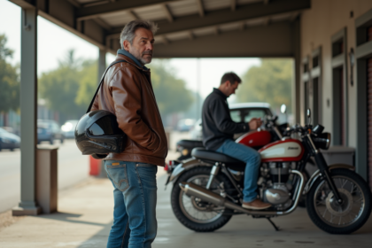 Propriétaire de moto vintage observant le mécanicien