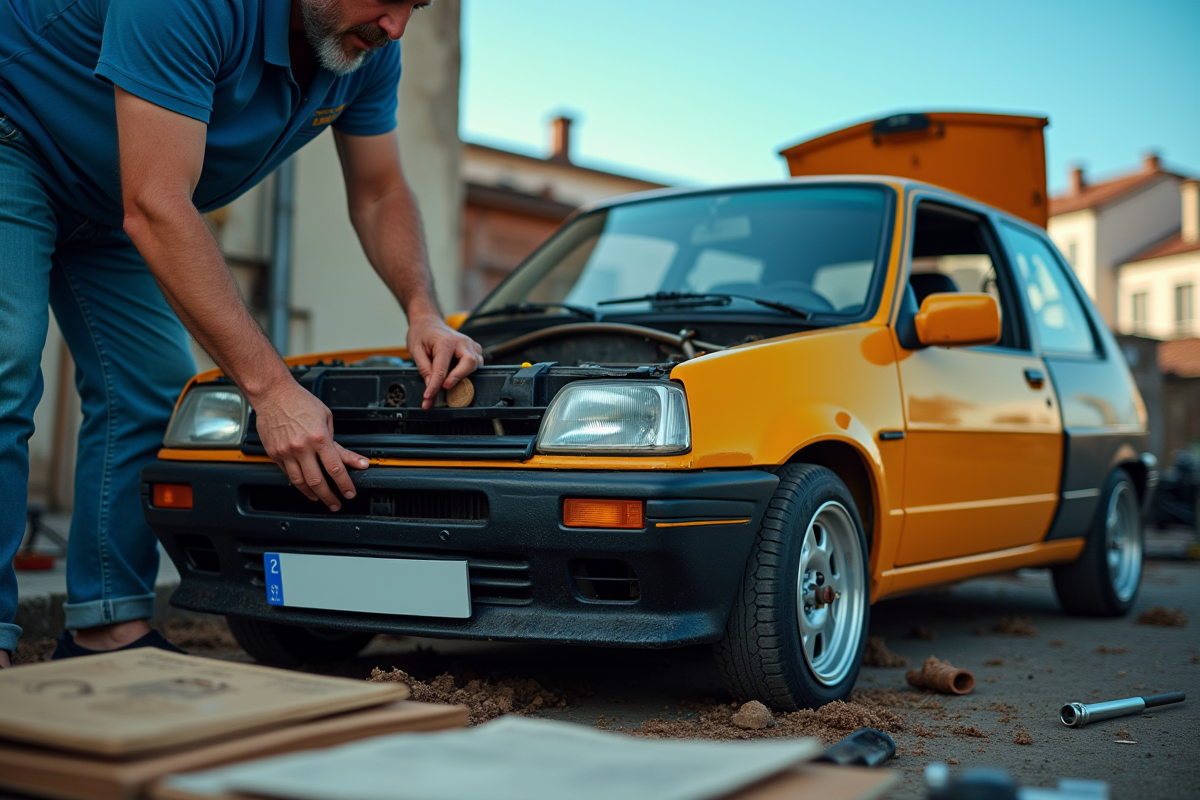 Mécanicien passionné travaillant sur une Clio 2 V6 en extérieur