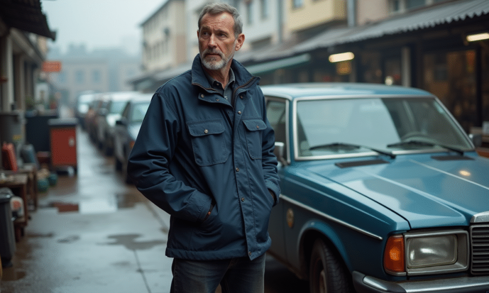 Mécanicien homme à côté d'une vieille voiture diesel en ville