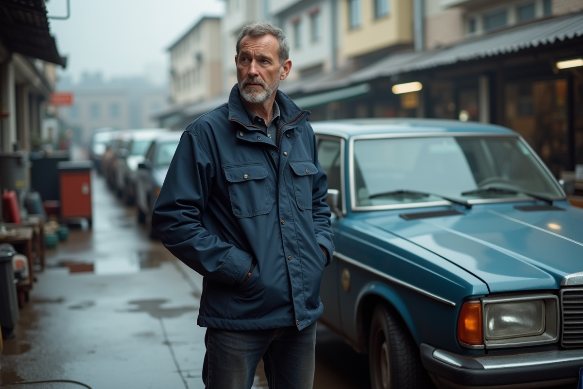 Mécanicien homme à côté d'une vieille voiture diesel en ville