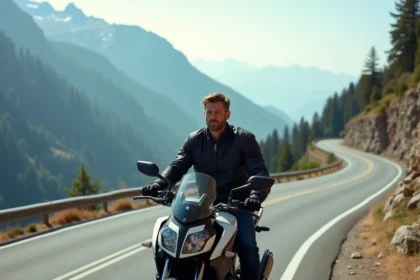Motard sur une route alpine avec paysage montagneux