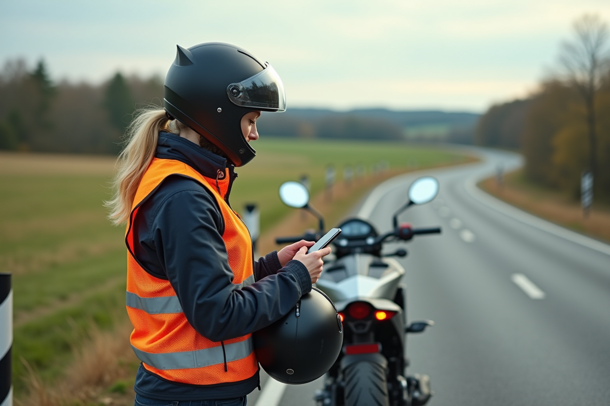 Motarde à la campagne regardant son smartphone