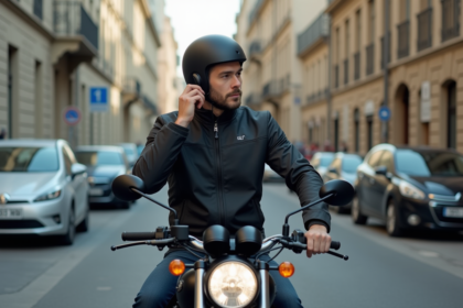 Jeune motard urbain mettant des écouteurs sans fil