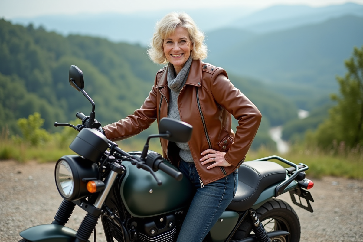 Femme motard sur moto vintage en montagne