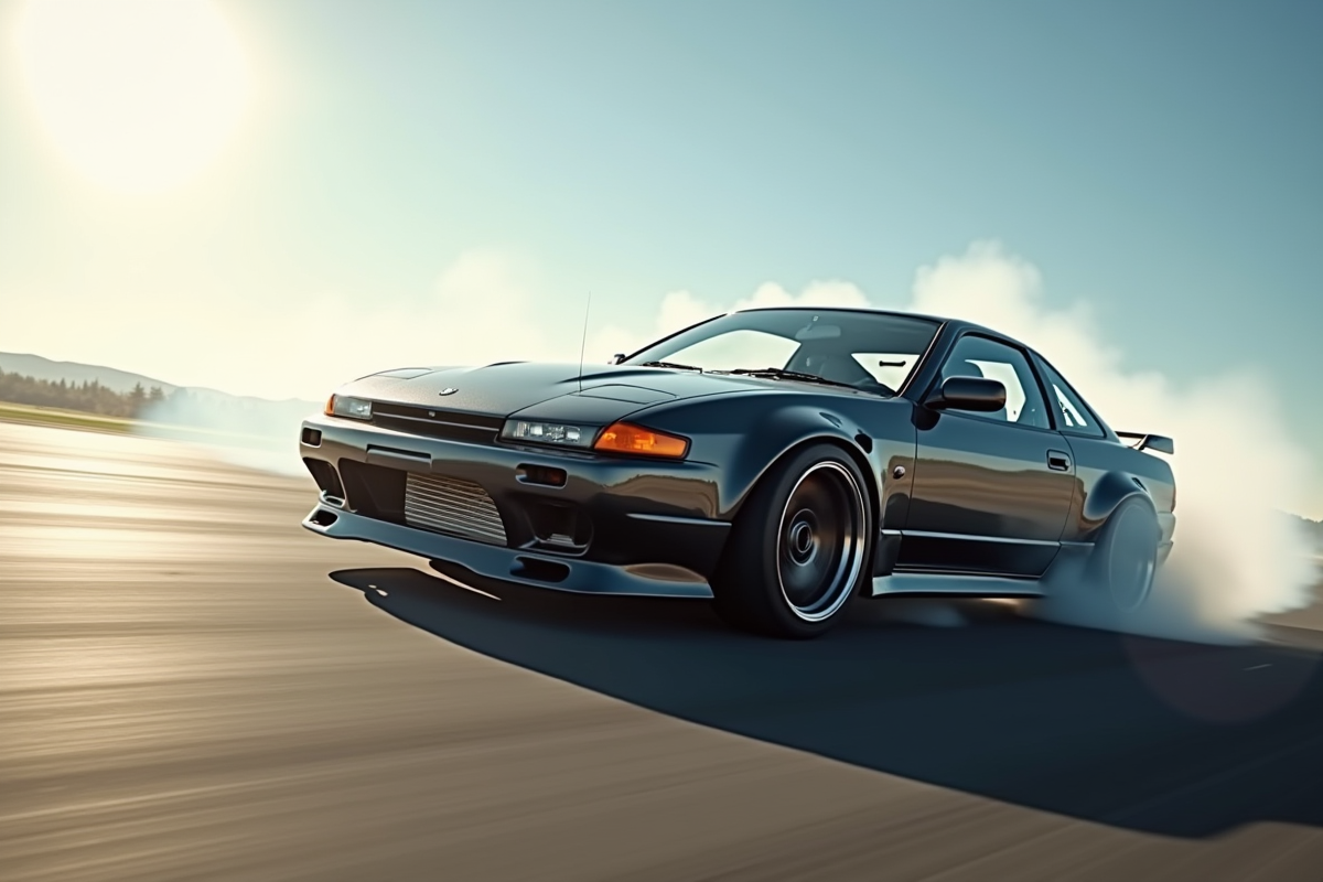 Nissan 240SX en drift sur circuit en plein jour