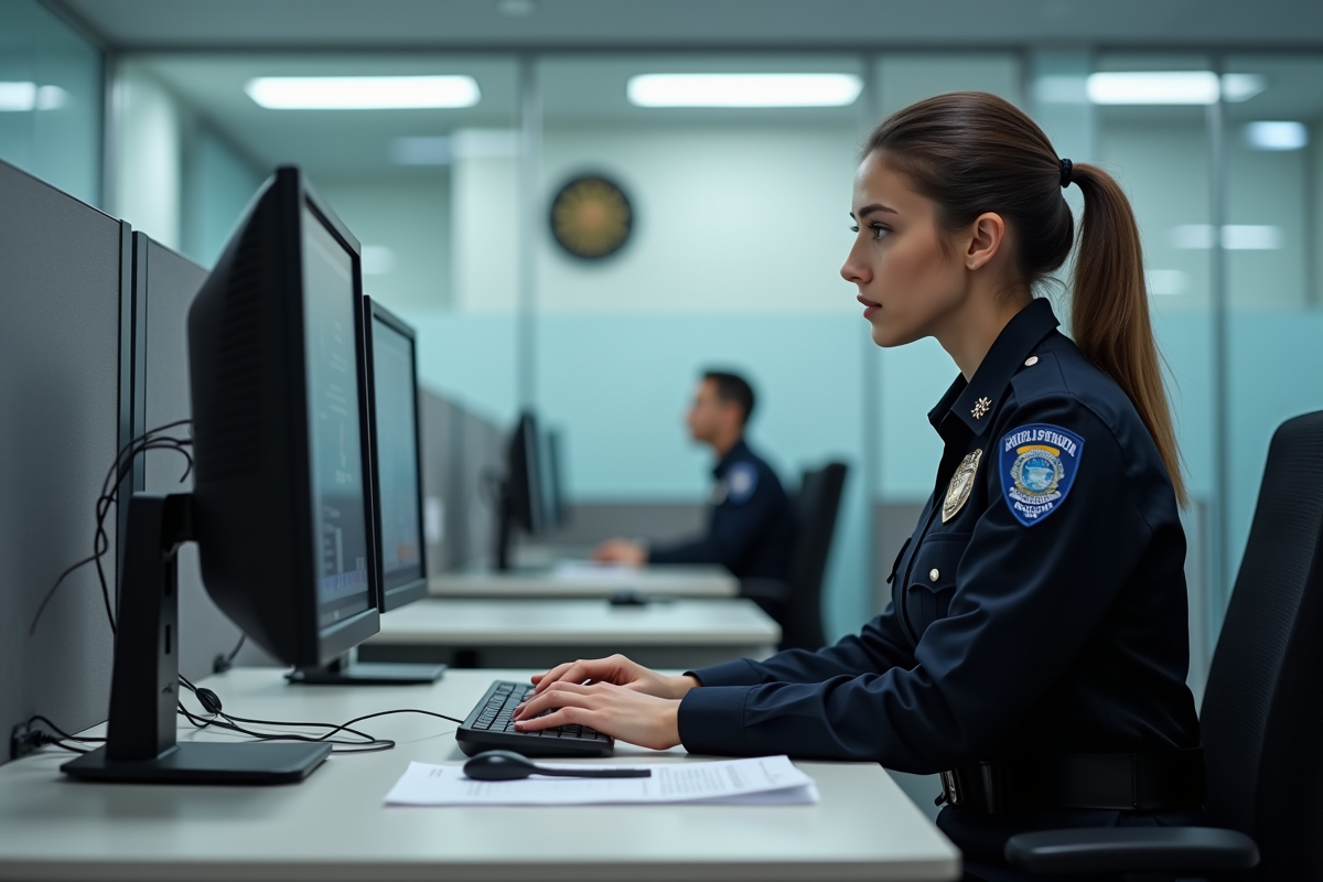 Officier de police en uniforme travaillant sur un ordinateur
