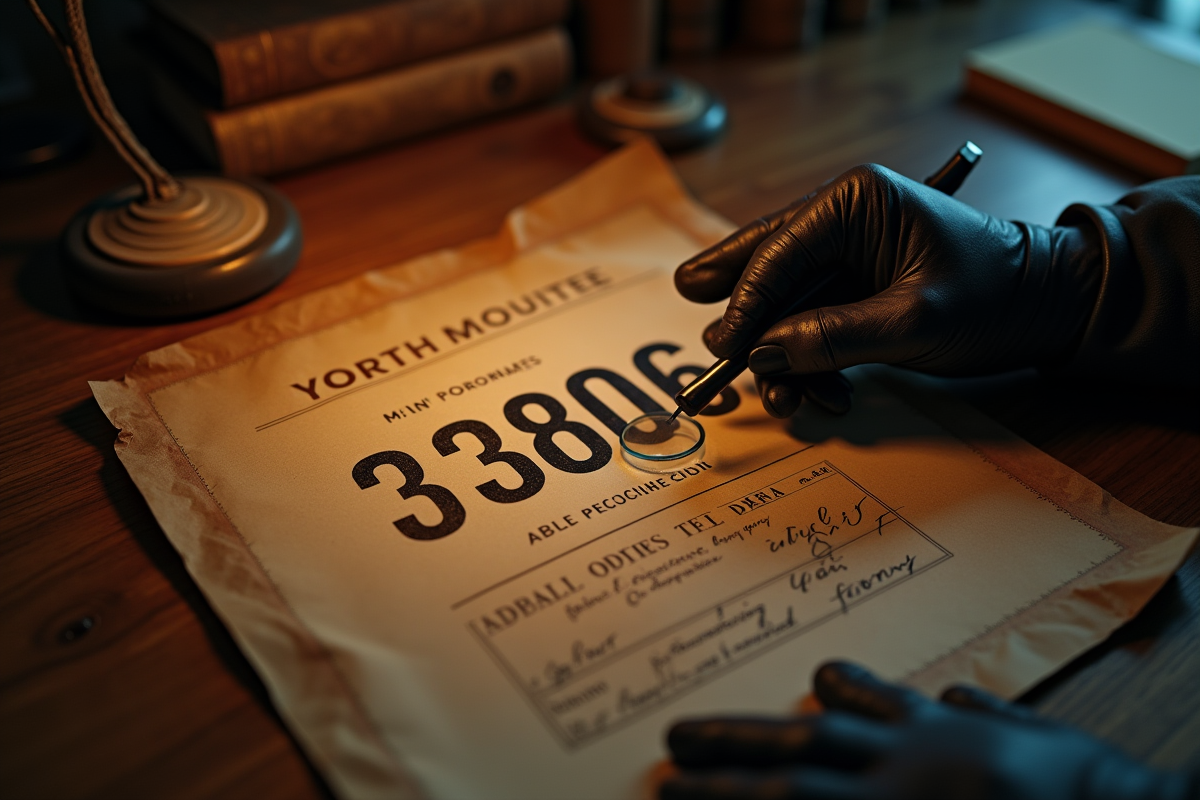 Personne tenant une loupe sur un document vintage avec le numéro 33806