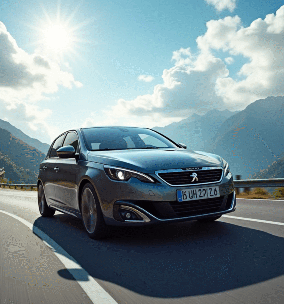 Peugeot 308 GTI automatique en mouvement sur une route de montagne