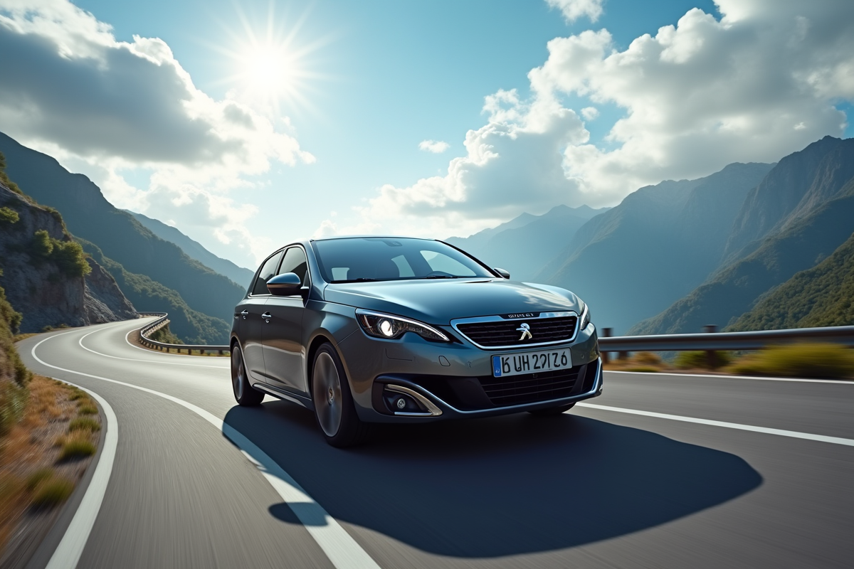 Peugeot 308 GTI automatique en mouvement sur une route de montagne