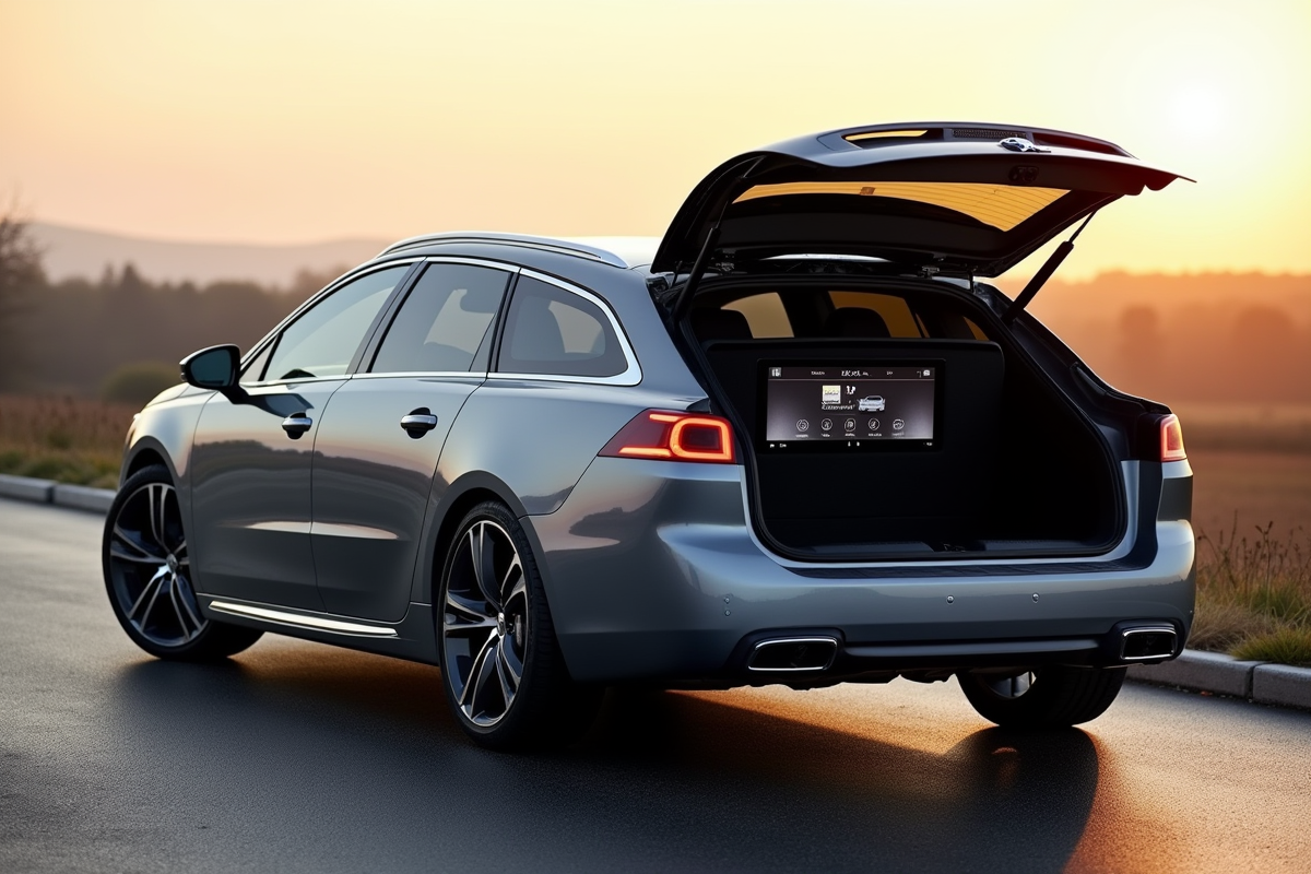 Peugeot 508 SW avec hayon ouvert en extérieur sous la lumière du jour