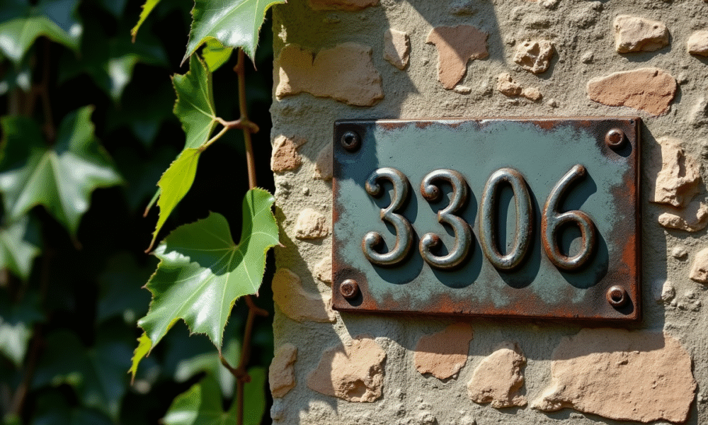 Plaque en métal ancienne avec le numéro 33806 sur un mur en pierre
