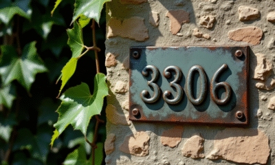 Plaque en métal ancienne avec le numéro 33806 sur un mur en pierre