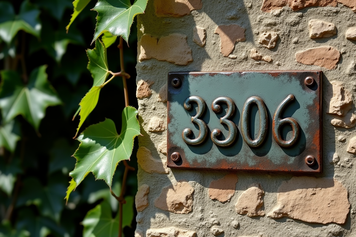 Plaque en métal ancienne avec le numéro 33806 sur un mur en pierre