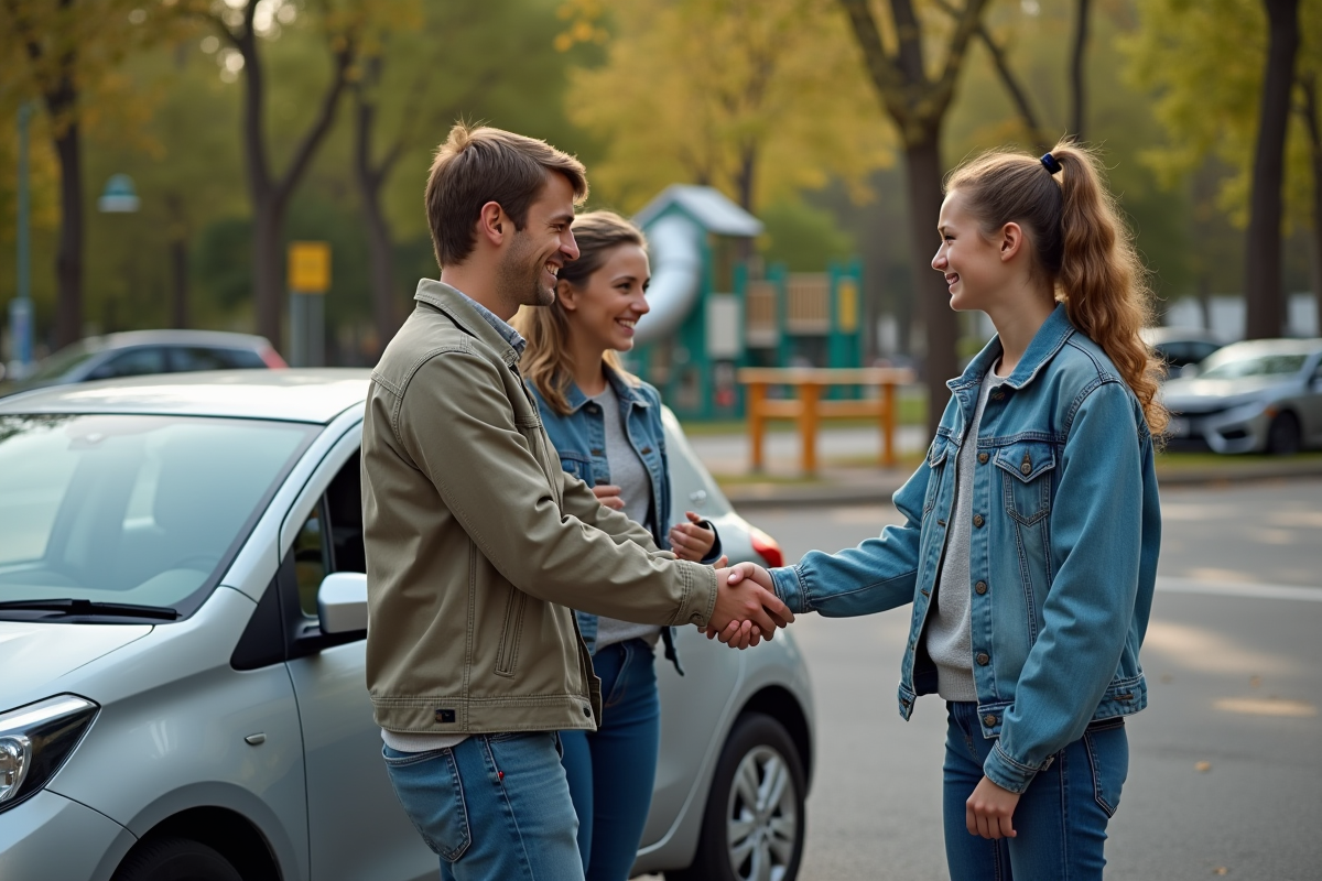 Famille saluant une amie dans un parc en été