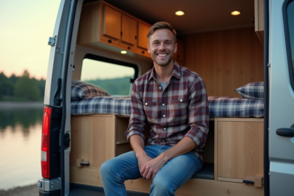 Homme détendu près d'un van au bord du lac