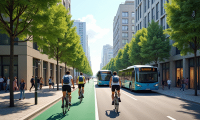 Rue urbaine moderne avec vélos et bus électriques