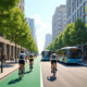 Rue urbaine moderne avec vélos et bus électriques