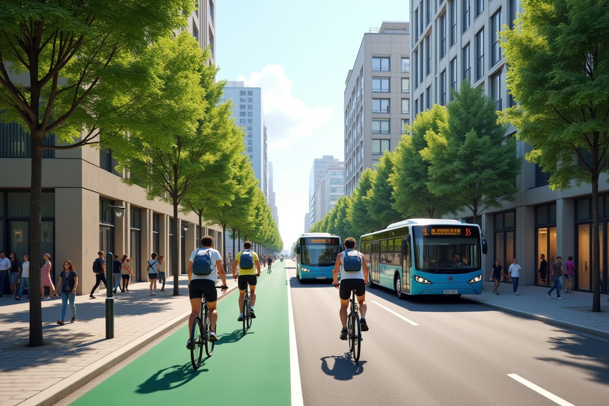 Rue urbaine moderne avec vélos et bus électriques